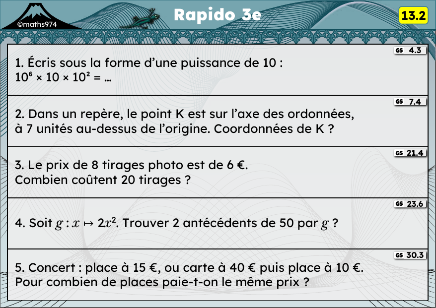 Rapido 13.2 – exercices de maths 3ème, semaine 13 : Puissances, coordonnées, proportionnalité