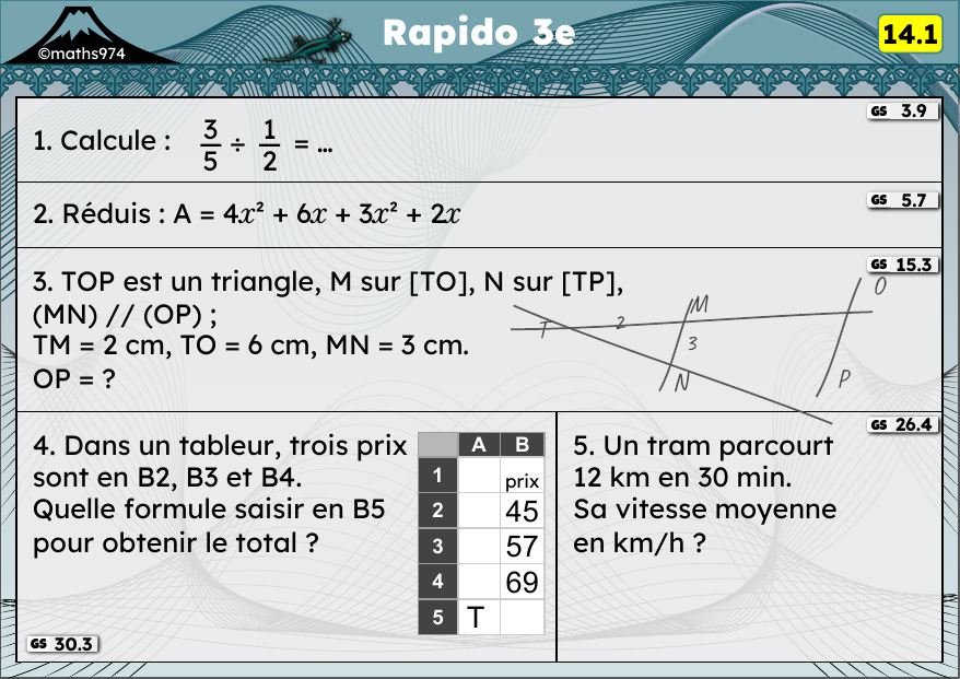 Rapido 14.1 – exercices de maths 3ème, semaine 14 : Division de fractions, réduire avec x², Thalès, tableur