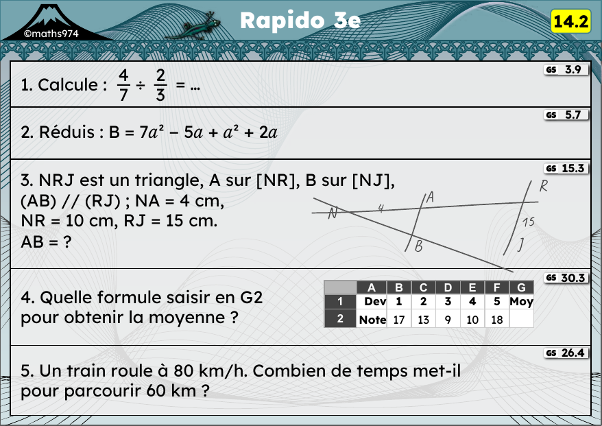 Rapido 14.2 – exercices de maths 3ème, semaine 14 : Division de fractions, réduire avec x², Thalès, tableur