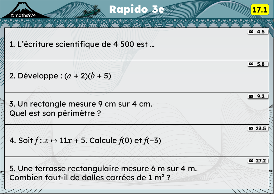 Rapido 17.1 – exercices de maths 3ème, semaine 17 : Écriture scientifique, double distributivité, périmètres, fonctions