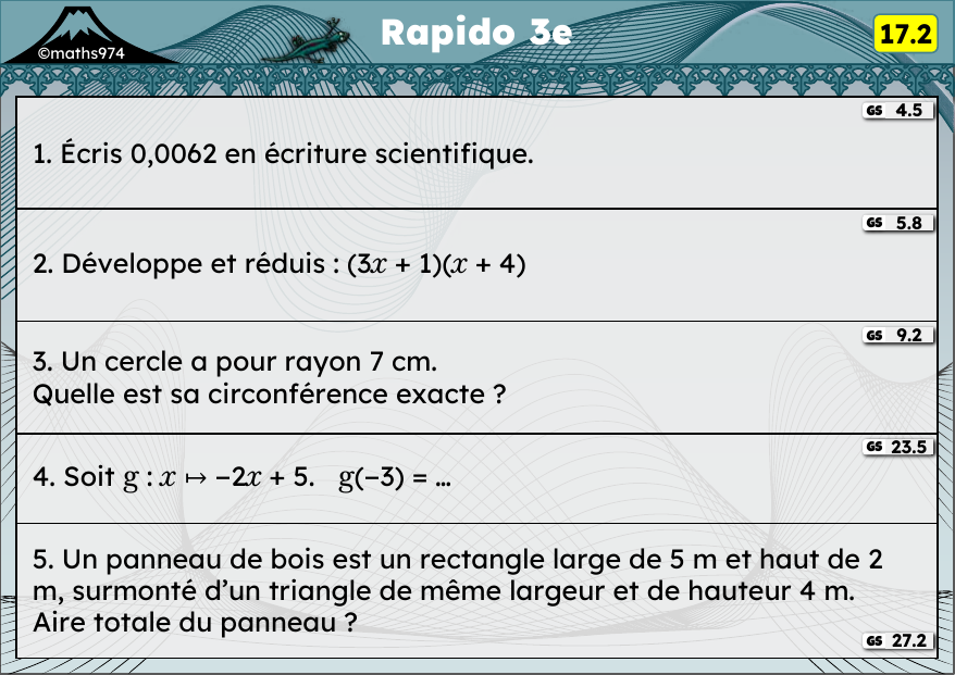 Rapido 17.2 – exercices de maths 3ème, semaine 17 : Écriture scientifique, double distributivité, périmètres, fonctions
