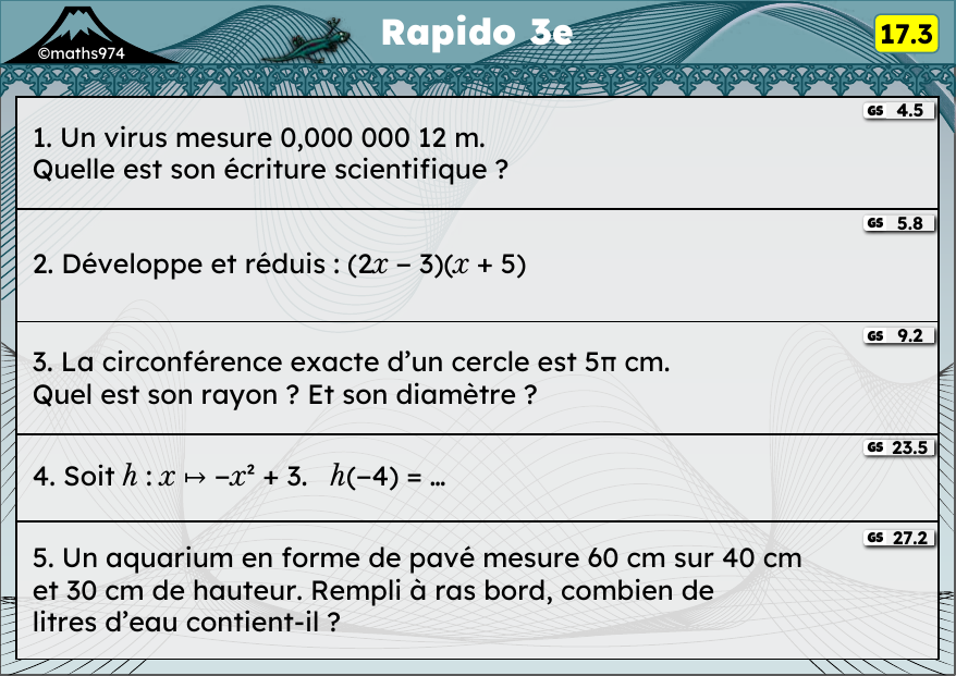 Rapido 17.3 – exercices de maths 3ème, semaine 17 : Écriture scientifique, double distributivité, périmètres, fonctions