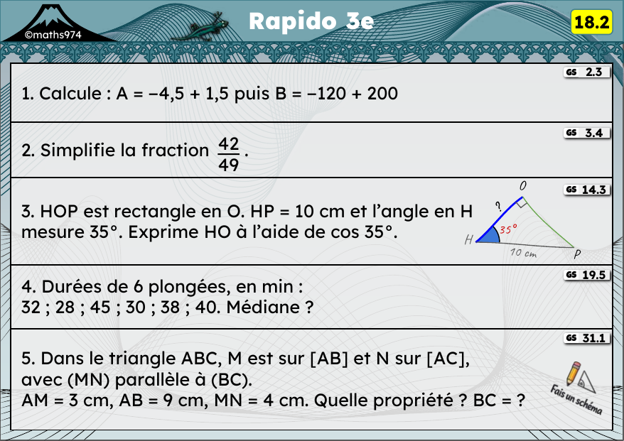 Rapido 18.2 – exercices de maths 3ème, semaine 18 : Relatifs, fractions irréductibles, trigonométrie (choisir le rapport)