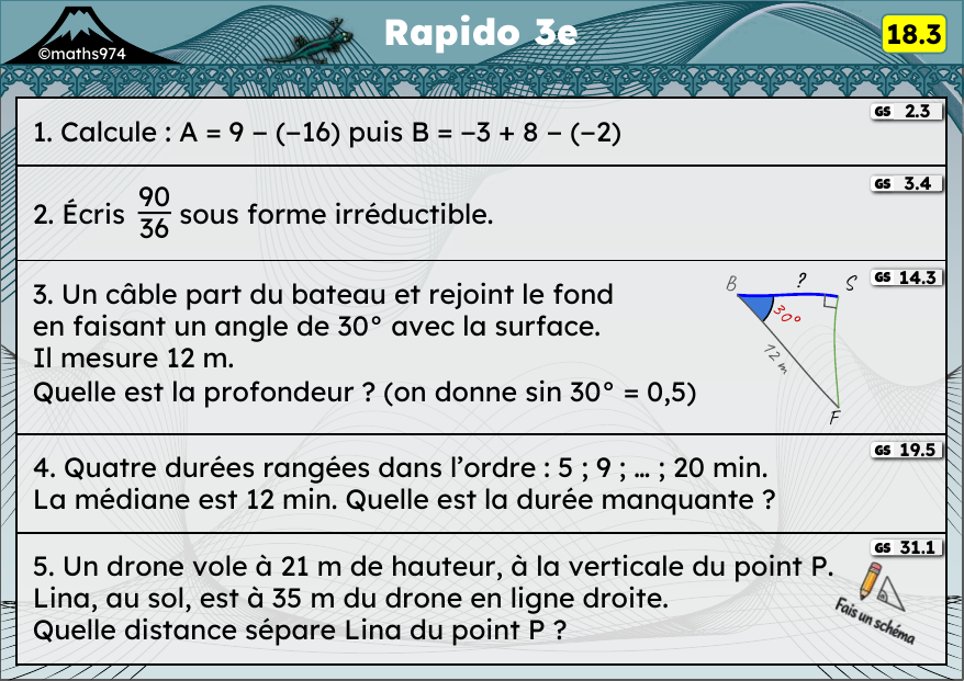 Rapido 18.3 – exercices de maths 3ème, semaine 18 : Relatifs, fractions irréductibles, trigonométrie (choisir le rapport)
