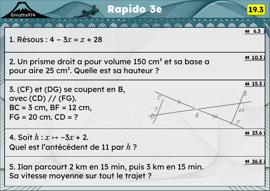 Rapido 19.3 – exercices de maths 3ème, semaine 19 : Équations à deux membres, prisme droit, Thalès, fonctions, vitesse