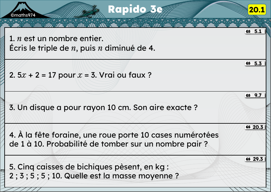 Rapido 20.1 – exercices de maths 3ème, semaine 20 : Expressions avec n, tester une égalité, aire du disque, probabilités