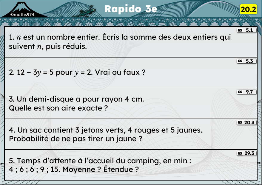Rapido 20.2 – exercices de maths 3ème, semaine 20 : Expressions avec n, tester une égalité, aire du disque, probabilités