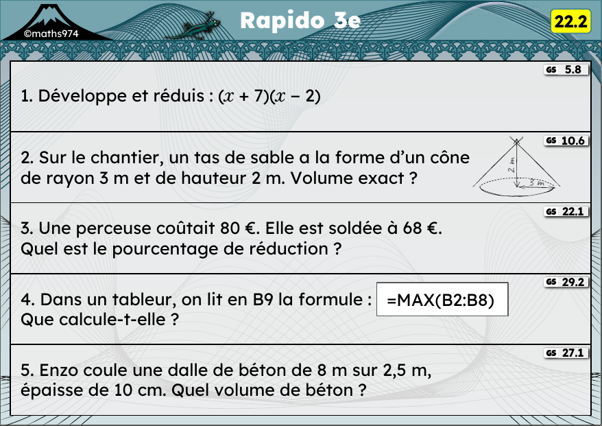 Rapido 22.2 – exercices de maths 3ème, semaine 22 : Double distributivité, cône, pourcentages d'évolution, tableur