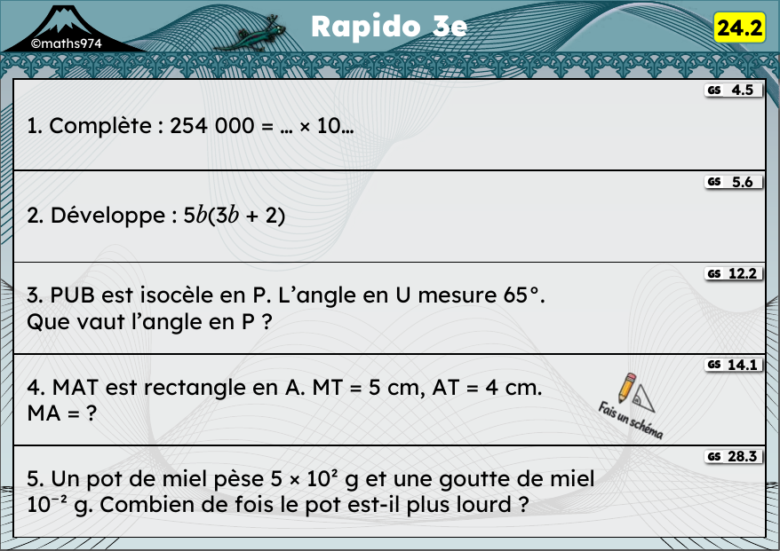 Rapido 24.2 – exercices de maths 3ème, semaine 24 : Écriture scientifique, développer avec un facteur x, angles, Pythagore