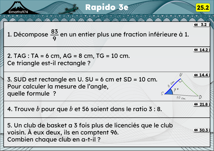 Rapido 25.2 – exercices de maths 3ème, semaine 25 : Fractions et entiers, réciproque de Pythagore, trigonométrie (angle)