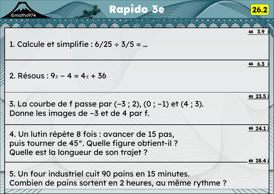 Rapido 26.2 – exercices de maths 3ème, semaine 26 : Division de fractions, équations, fonctions, scripts