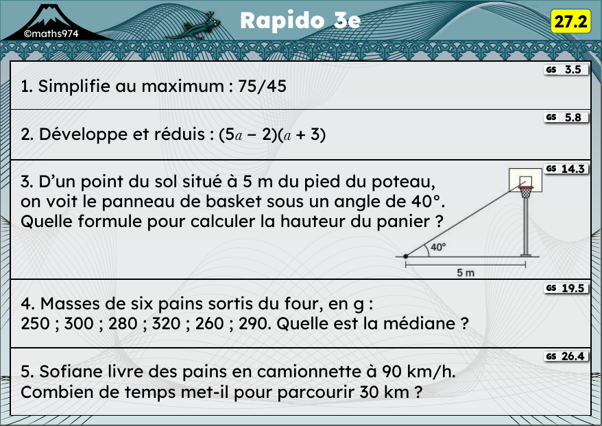 Rapido 27.2 – exercices de maths 3ème, semaine 27 : Simplifier, double distributivité, trigonométrie (cos, tan)
