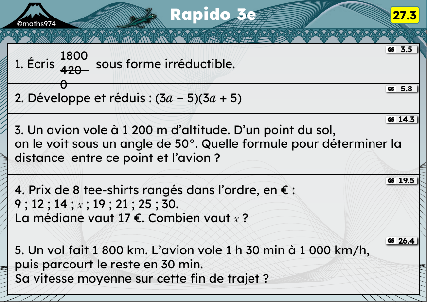 Rapido 27.3 – exercices de maths 3ème, semaine 27 : Simplifier, double distributivité, trigonométrie (cos, tan)