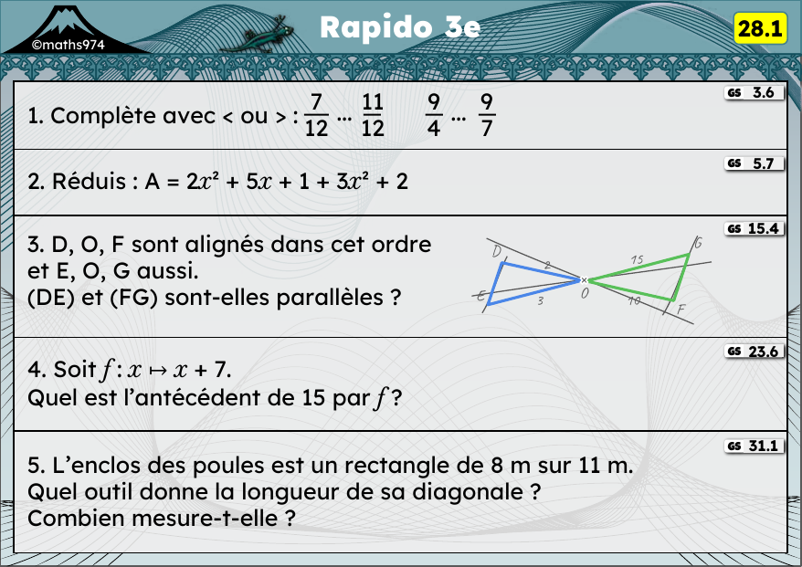 Rapido 28.1 – exercices de maths 3ème, semaine 28 : Comparer des fractions, réduire, Thalès (parallèles ?), fonctions