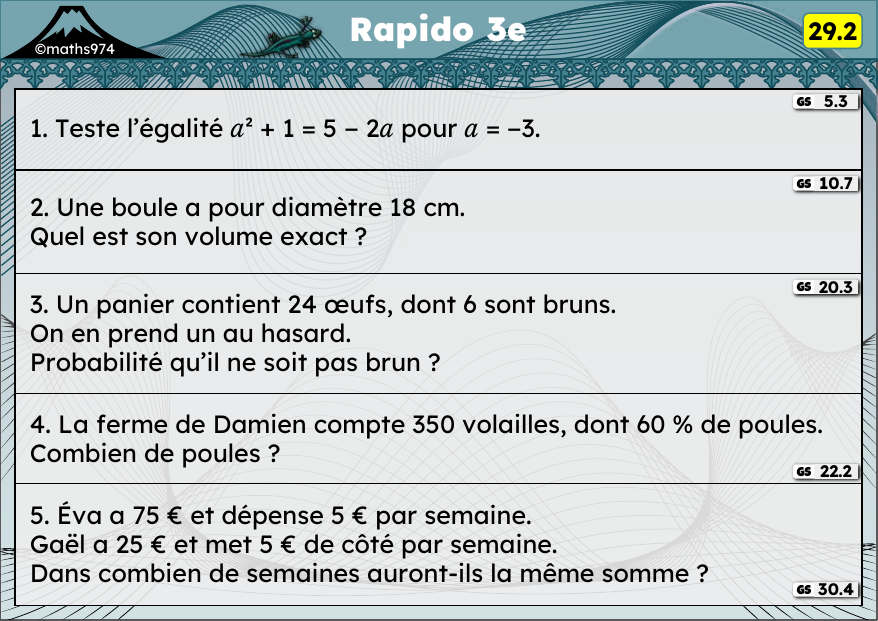 Rapido 29.2 – exercices de maths 3ème, semaine 29 : Tester une égalité, boule, probabilités