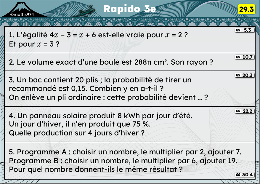 Rapido 29.3 – exercices de maths 3ème, semaine 29 : Tester une égalité, boule, probabilités