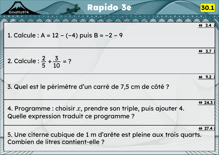 Rapido 30.1 – exercices de maths 3ème, semaine 30 : Soustraction de relatifs, addition de fractions, périmètres