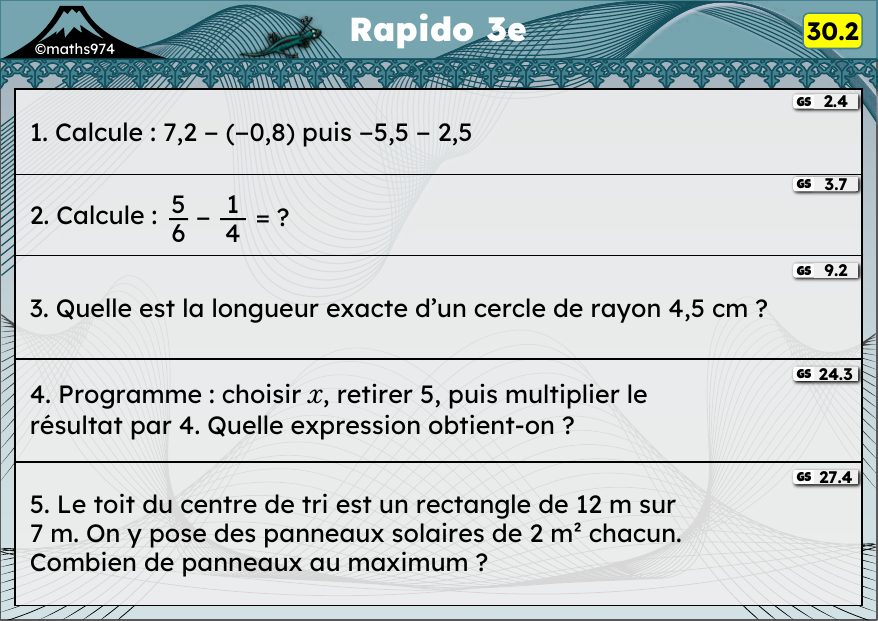 Rapido 30.2 – exercices de maths 3ème, semaine 30 : Soustraction de relatifs, addition de fractions, périmètres