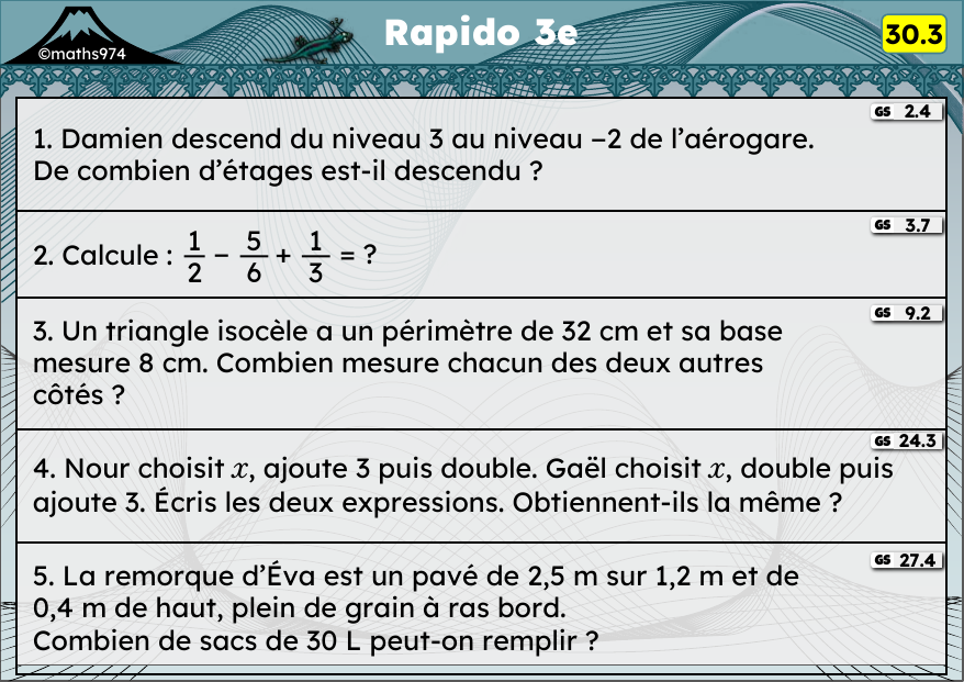 Rapido 30.3 – exercices de maths 3ème, semaine 30 : Soustraction de relatifs, addition de fractions, périmètres