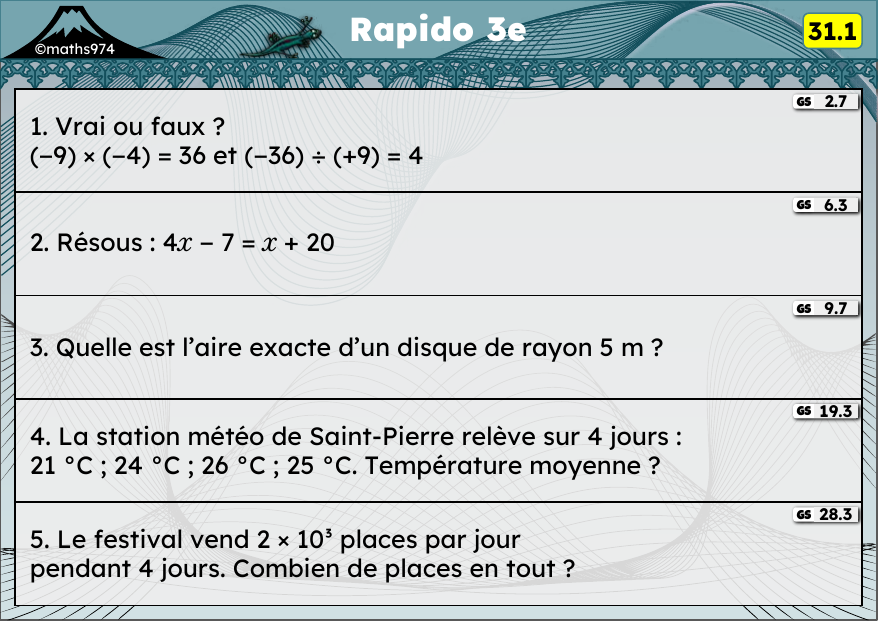 Rapido 31.1 – exercices de maths 3ème, semaine 31 : Multiplication de relatifs, équations, aire du disque, moyenne