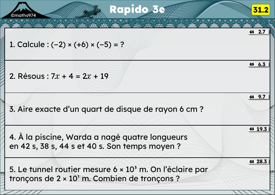 Rapido 31.2 – exercices de maths 3ème, semaine 31 : Multiplication de relatifs, équations, aire du disque, moyenne