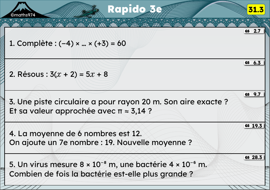 Rapido 31.3 – exercices de maths 3ème, semaine 31 : Multiplication de relatifs, équations, aire du disque, moyenne