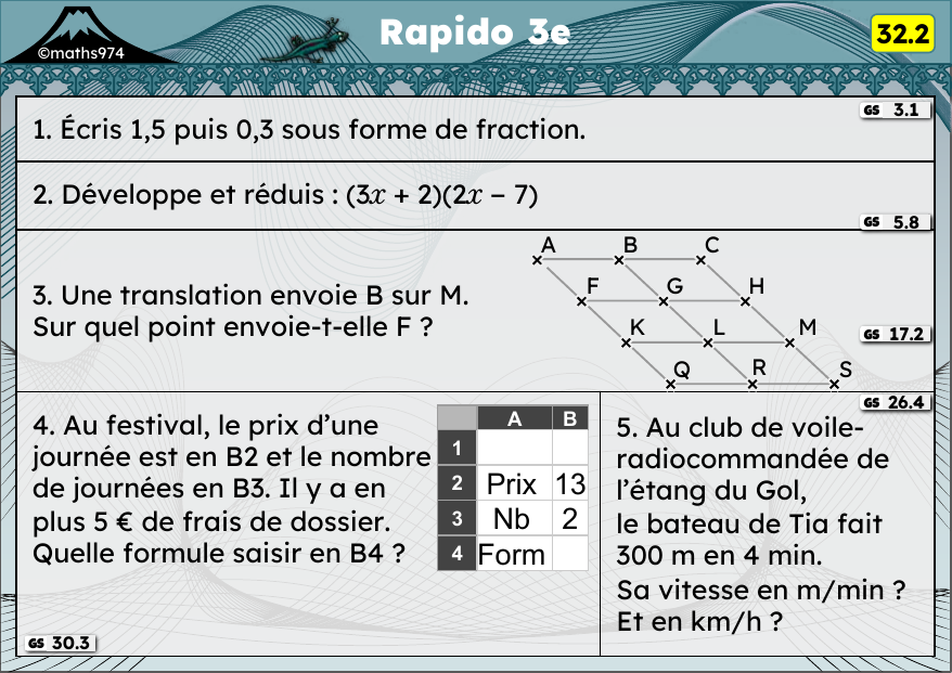 Rapido 32.2 – exercices de maths 3ème, semaine 32 : Fractions et décimaux, double distributivité, translation, tableur