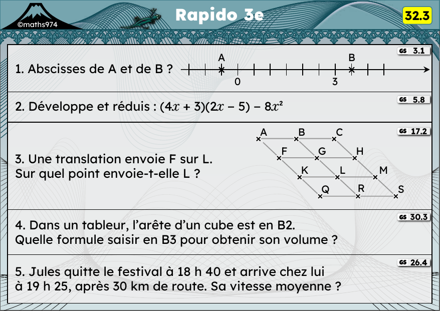 Rapido 32.3 – exercices de maths 3ème, semaine 32 : Fractions et décimaux, double distributivité, translation, tableur