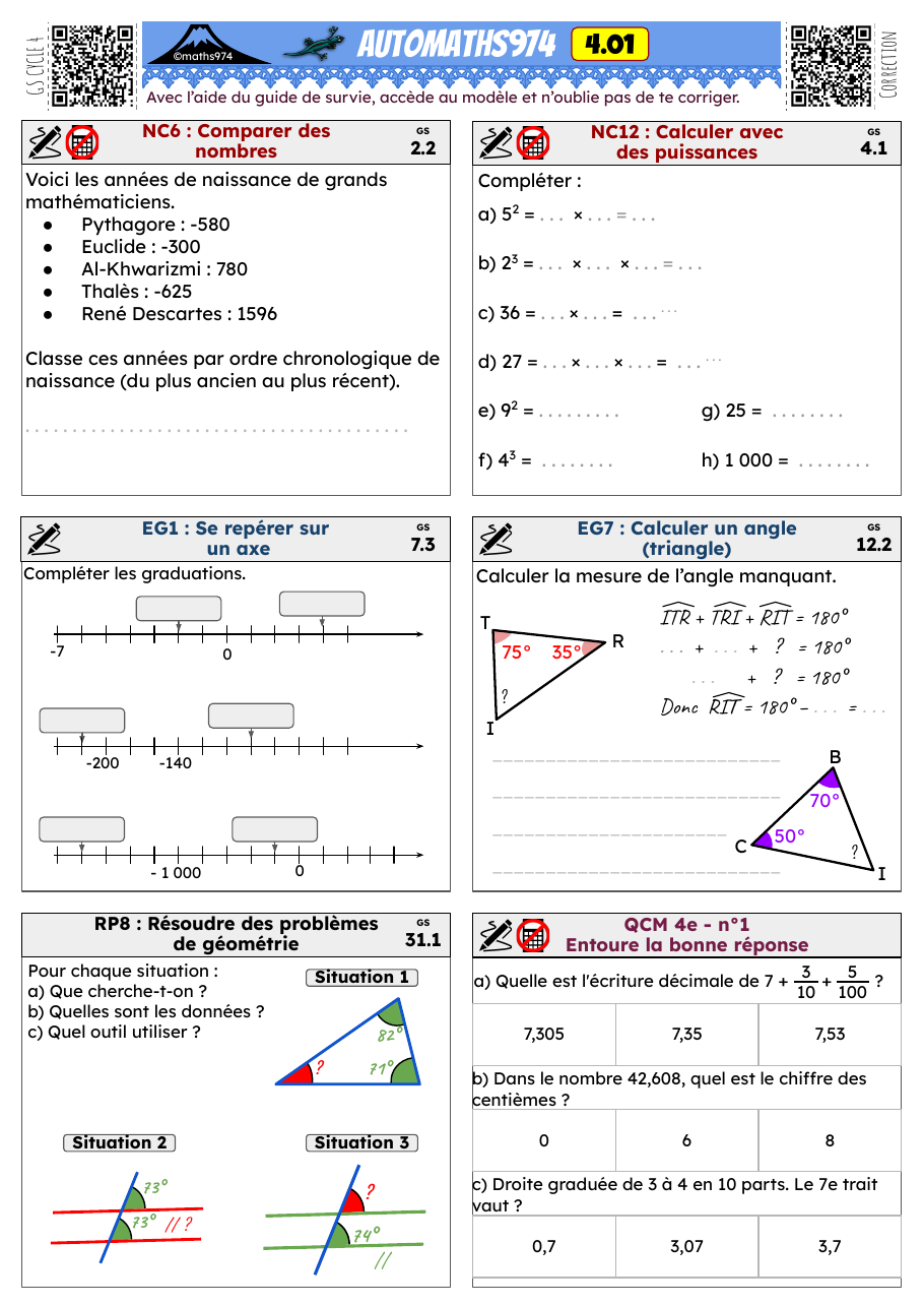 Fiche 4.01 – exercices de maths 4ème corrigés, semaine 1 : Comparer des nombres, Calculer avec des puissances
