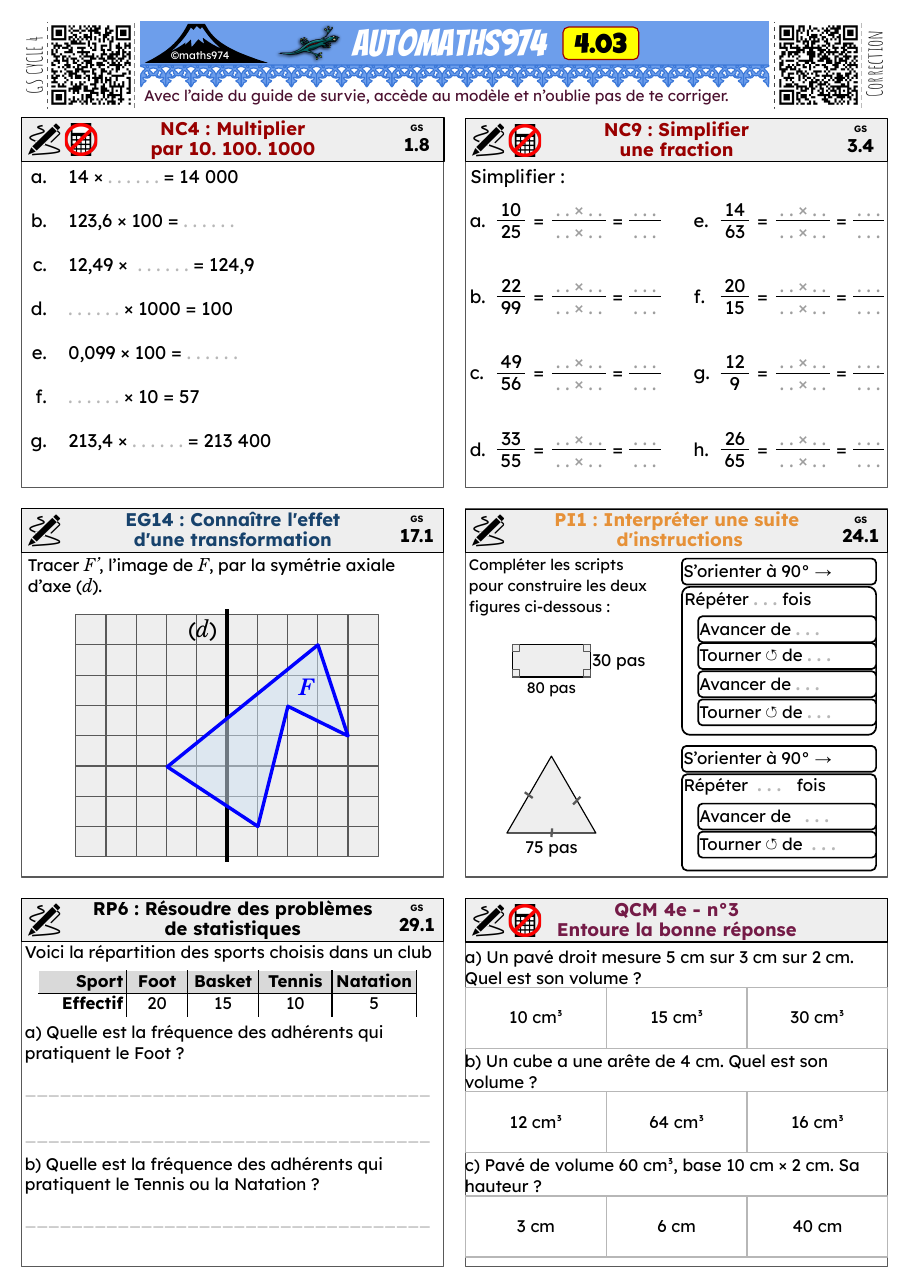 Fiche 4.03 – exercices de maths 4ème corrigés, semaine 3 : Multiplier par 10. 100. 1000, Simplifier une fraction