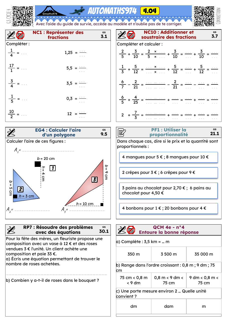 Fiche 4.04 – exercices de maths 4ème corrigés, semaine 4 : Représenter des fractions, Additionner et soustraire des fractions