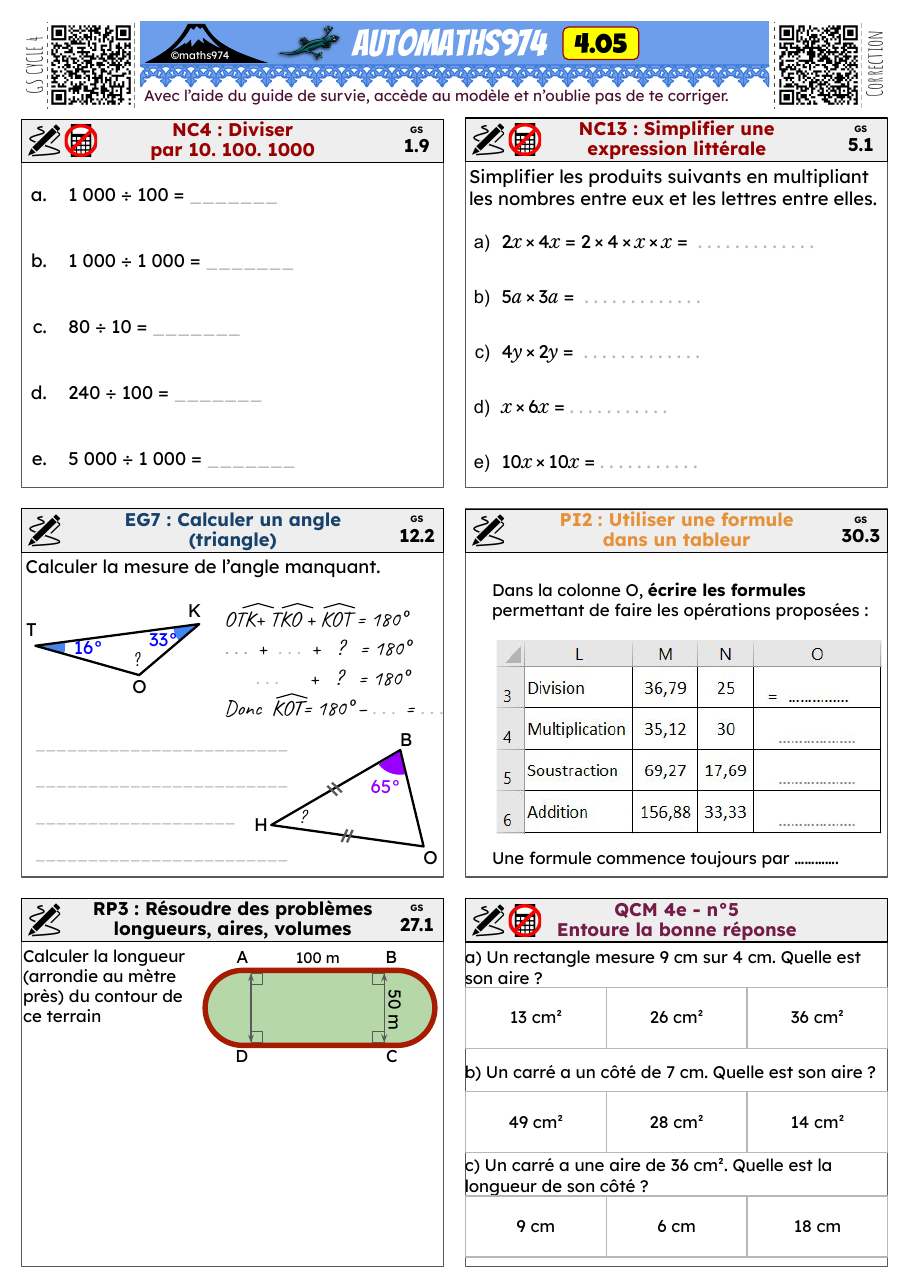 Fiche 4.05 – exercices de maths 4ème corrigés, semaine 5 : Diviser par 10. 100. 1000, Simplifier une expression littérale