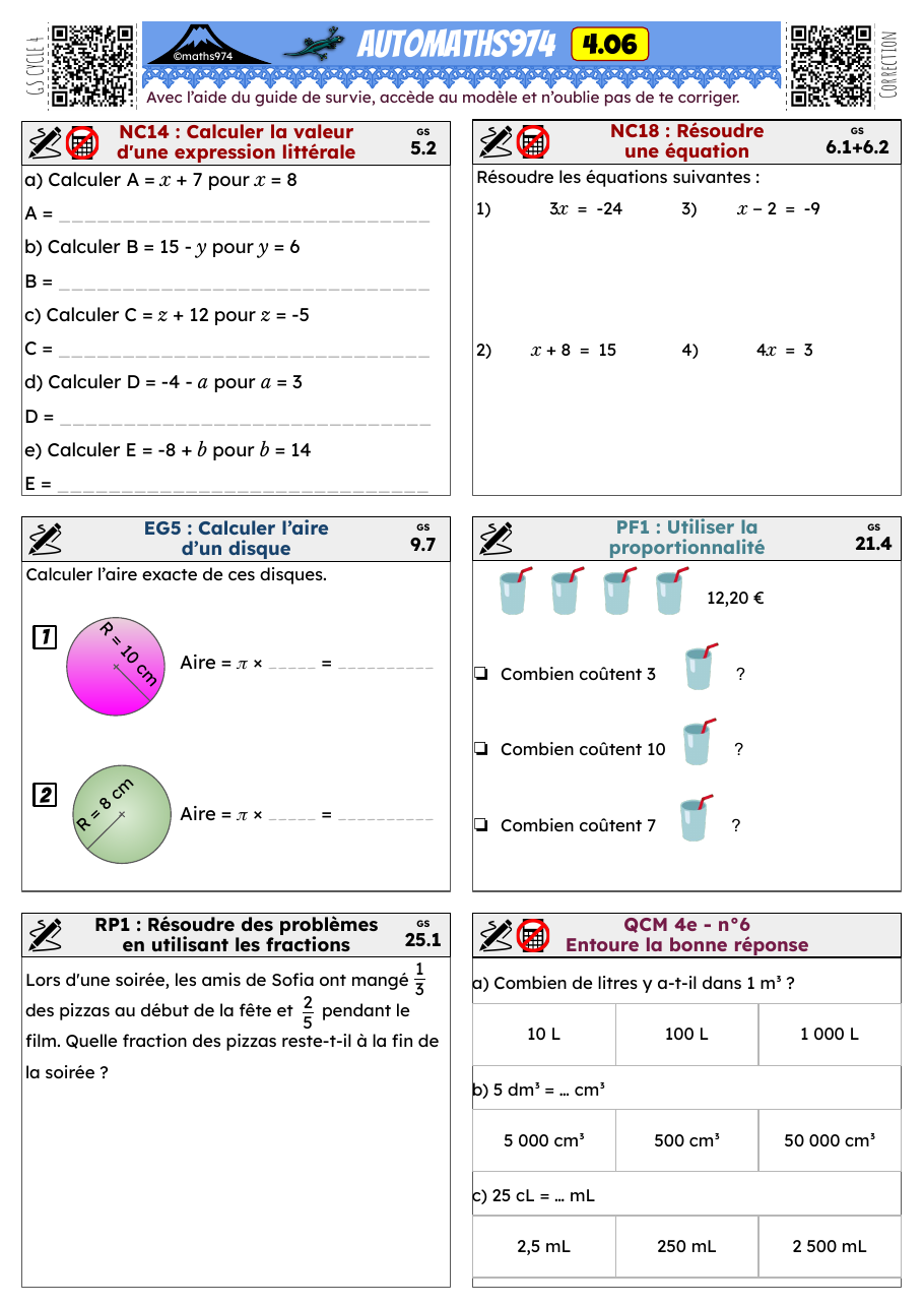 Fiche 4.06 – exercices de maths 4ème corrigés, semaine 6 : Calculer la valeur d'une expression littérale