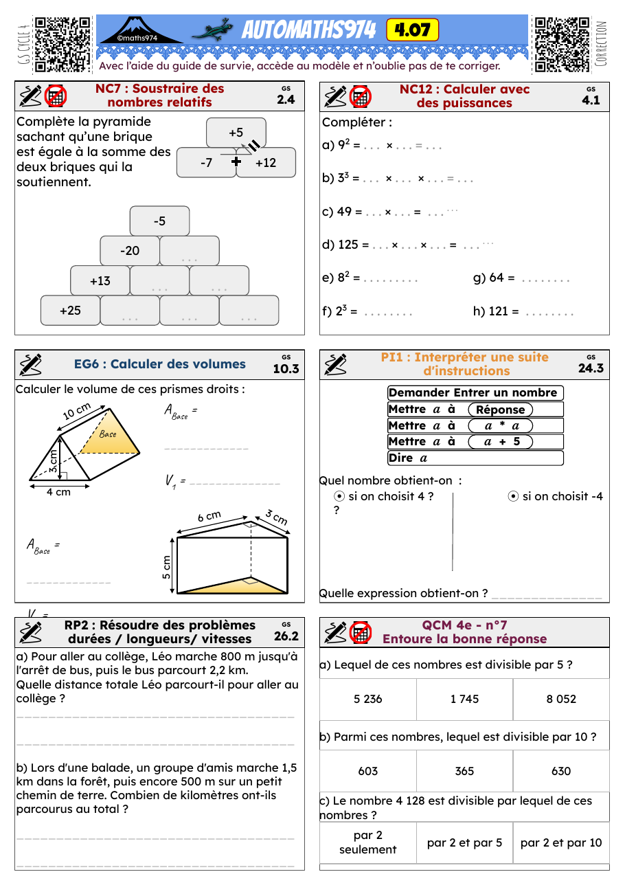 Fiche 4.07 – exercices de maths 4ème corrigés, semaine 7 : Soustraire des nombres relatifs, Calculer des volumes