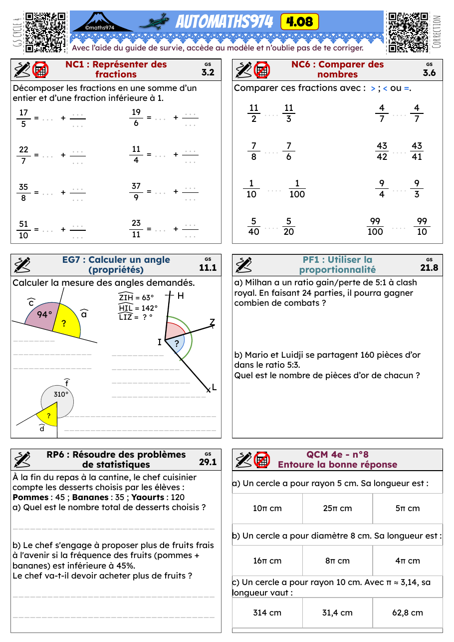 Fiche 4.08 – exercices de maths 4ème corrigés, semaine 8 : Représenter des fractions, Comparer des nombres, Calculer un angle