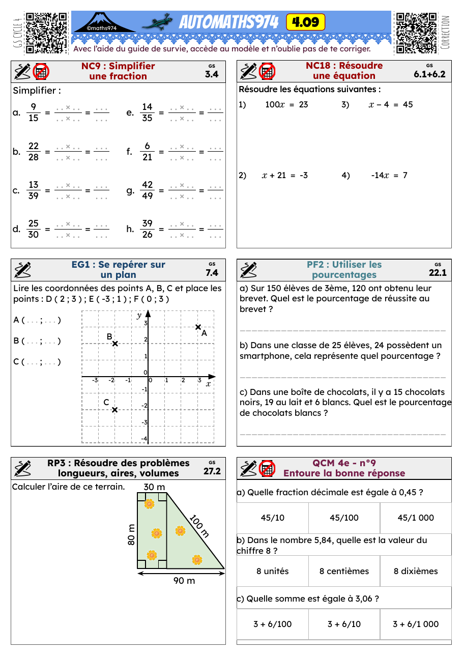 Fiche 4.09 – exercices de maths 4ème corrigés, semaine 9 : Simplifier une fraction, Résoudre une équation