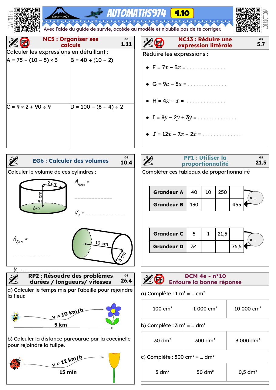 Fiche 4.10 – exercices de maths 4ème corrigés, semaine 10 : Organiser ses calculs, Réduire une expression littérale