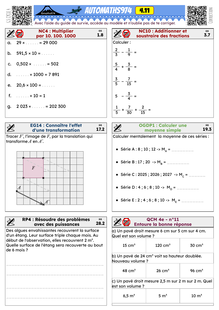 Fiche 4.11 – exercices de maths 4ème corrigés, semaine 11 : Multiplier par 10. 100. 1000