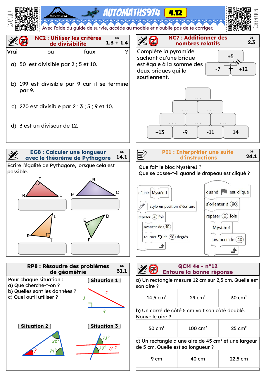 Fiche 4.12 – exercices de maths 4ème corrigés, semaine 12 : Utiliser les critères de divisibilité