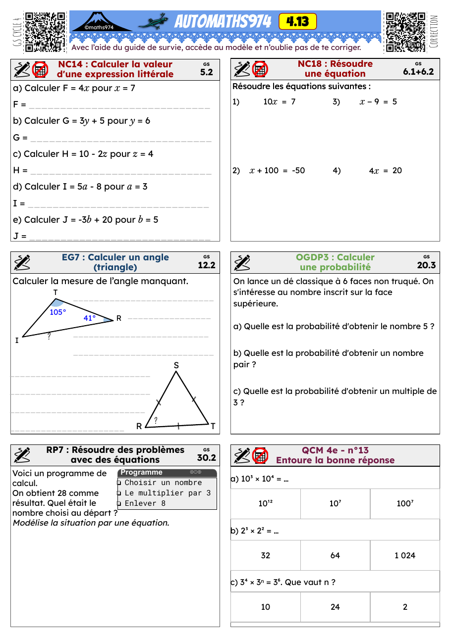 Fiche 4.13 – exercices de maths 4ème corrigés, semaine 13 : Calculer la valeur d'une expression littérale