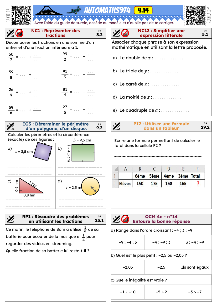 Fiche 4.14 – exercices de maths 4ème corrigés, semaine 14 : Représenter des fractions, Simplifier une expression littérale
