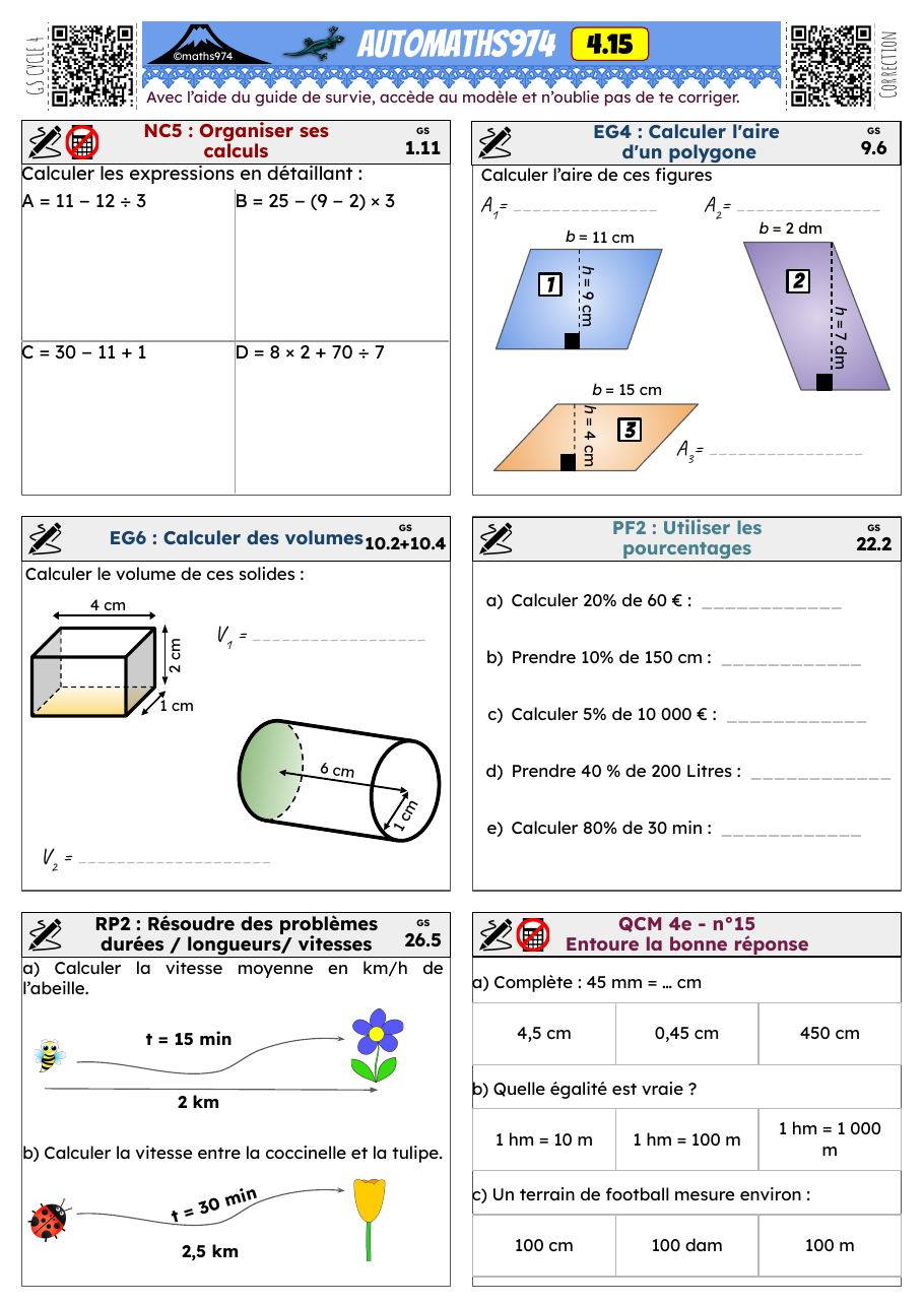 Fiche 4.15 – exercices de maths 4ème corrigés, semaine 15 : Organiser ses calculs, Calculer l'aire d'un polygone