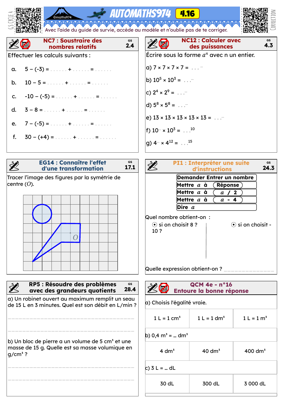Fiche 4.16 – exercices de maths 4ème corrigés, semaine 16 : Soustraire des nombres relatifs, Calculer avec des puissances
