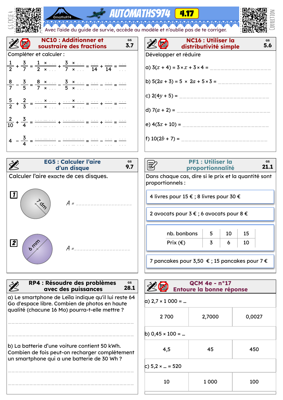 Fiche 4.17 – exercices de maths 4ème corrigés, semaine 17 : Additionner et soustraire des fractions