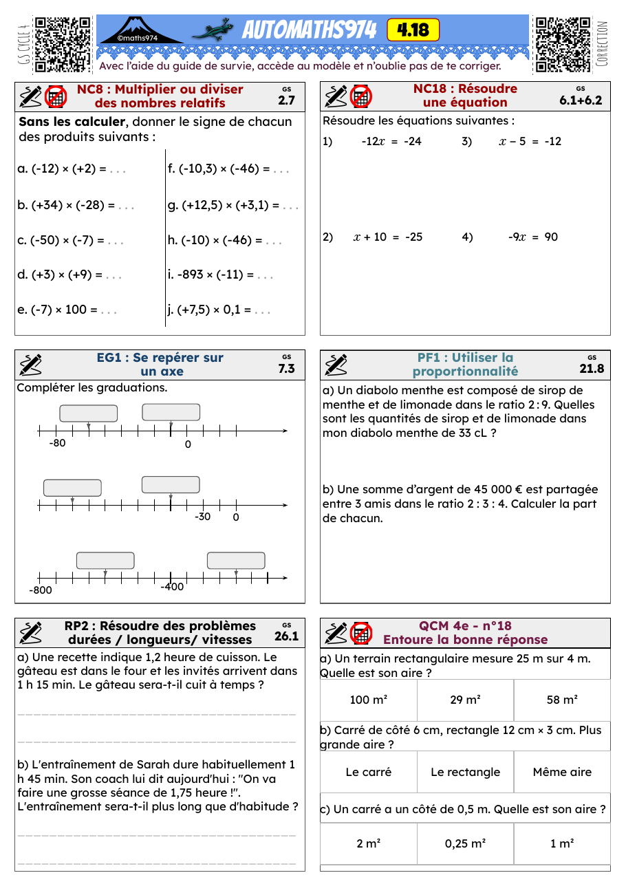 Fiche 4.18 – exercices de maths 4ème corrigés, semaine 18 : Multiplier ou diviser des nombres relatifs, Se repérer sur un axe
