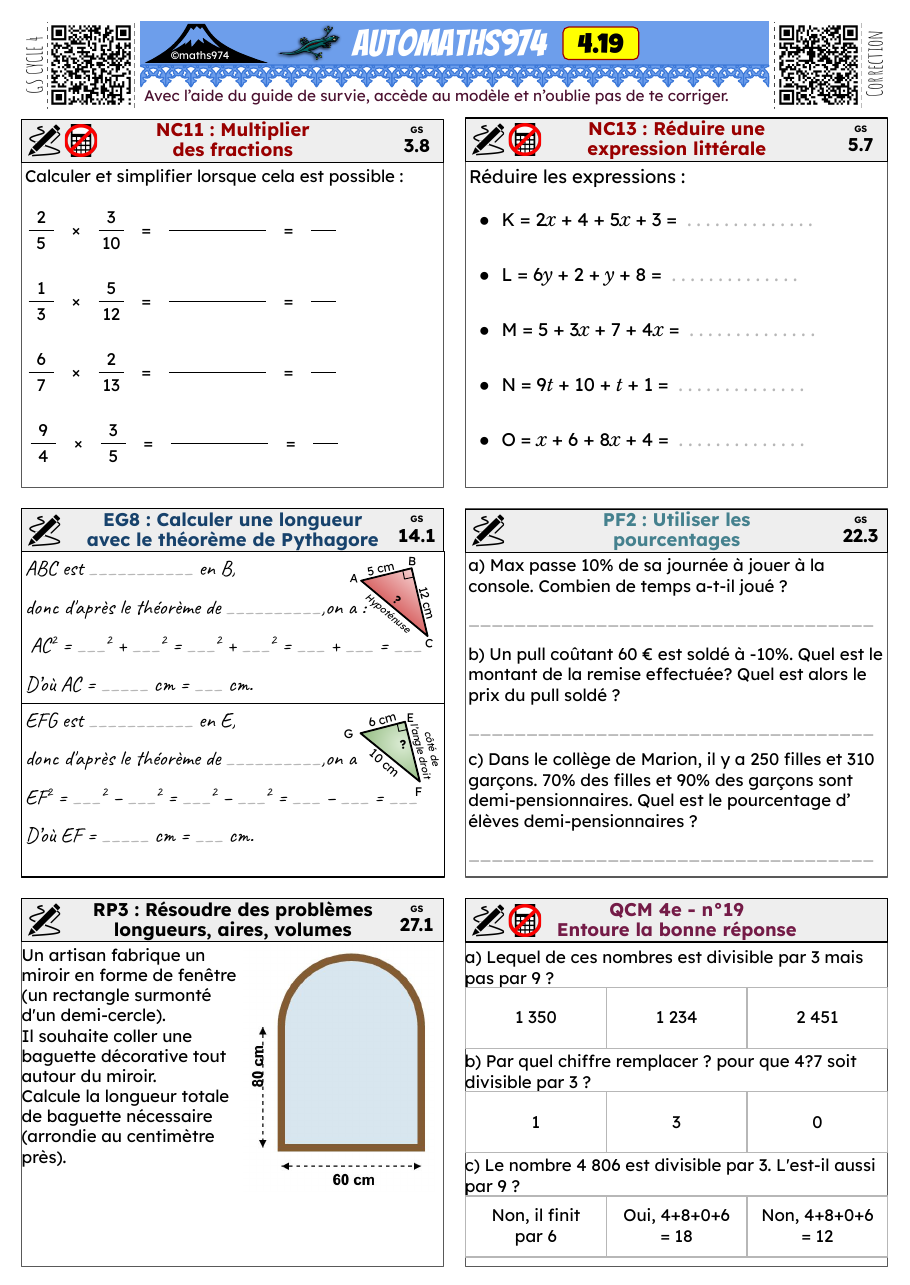 Fiche 4.19 – exercices de maths 4ème corrigés, semaine 19 : Multiplier des fractions, Réduire une expression littérale