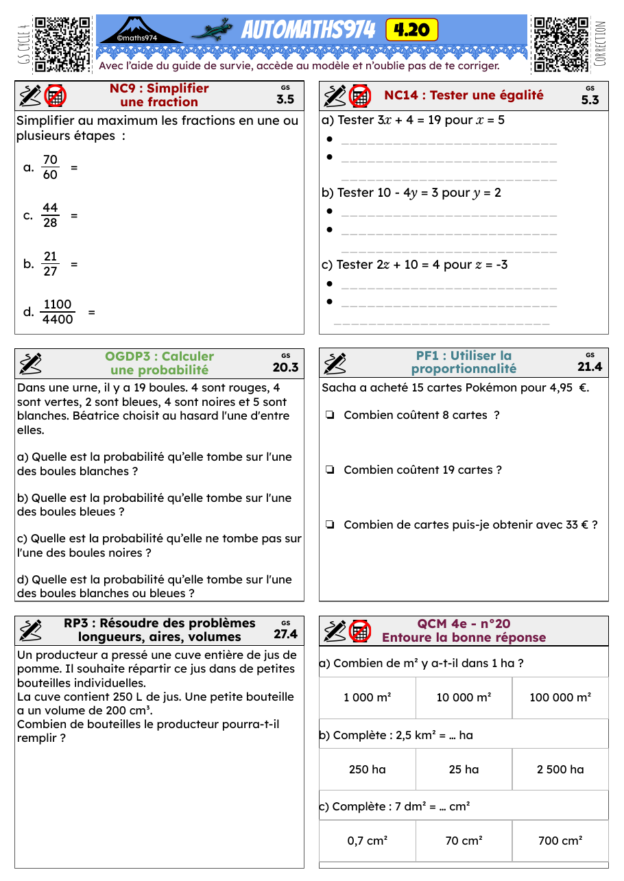 Fiche 4.20 – exercices de maths 4ème corrigés, semaine 20 : Simplifier une fraction, Calculer une probabilité