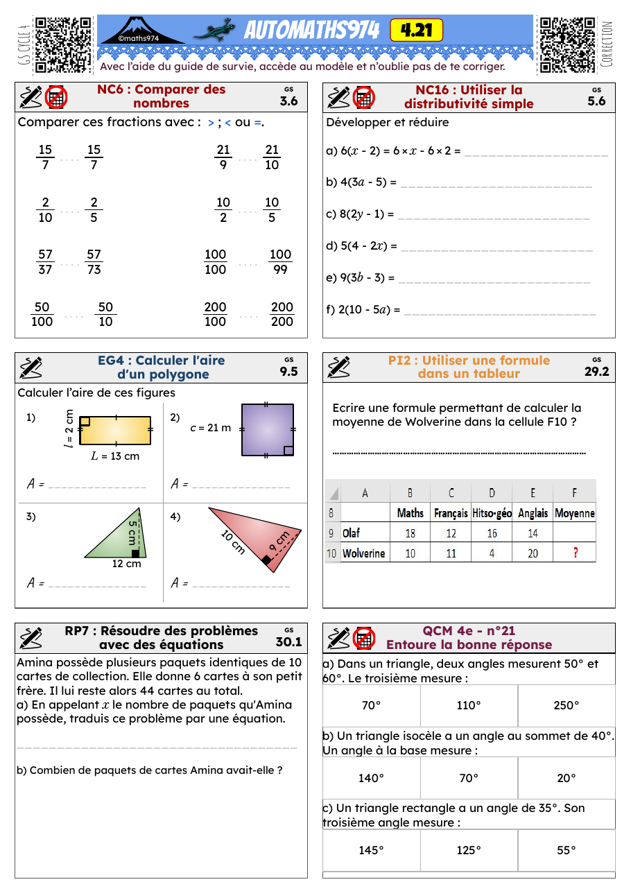 Fiche 4.21 – exercices de maths 4ème corrigés, semaine 21 : Comparer des nombres, Utiliser la distributivité simple