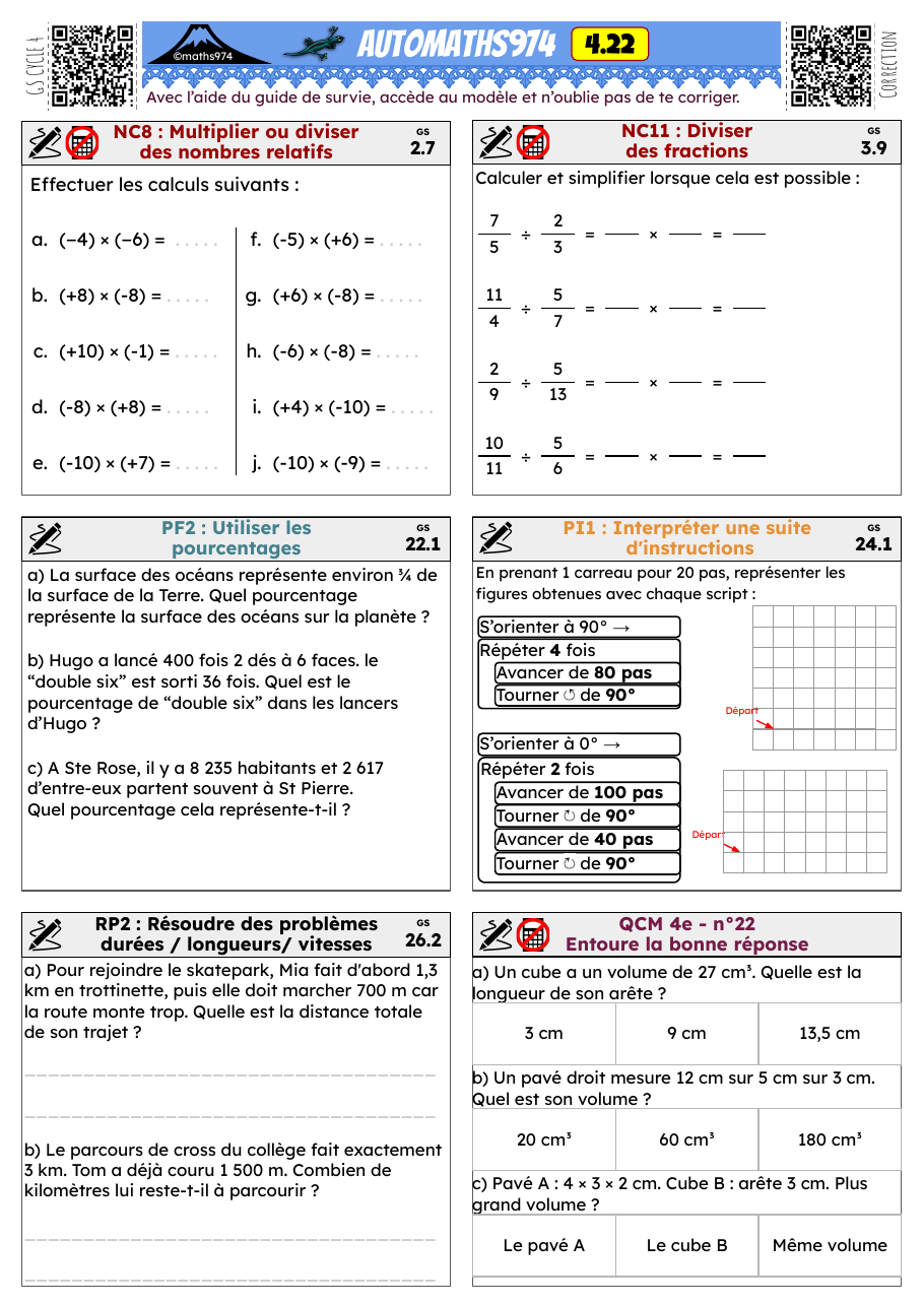Fiche 4.22 – exercices de maths 4ème corrigés, semaine 22 : Multiplier ou diviser des nombres relatifs, Diviser des fractions