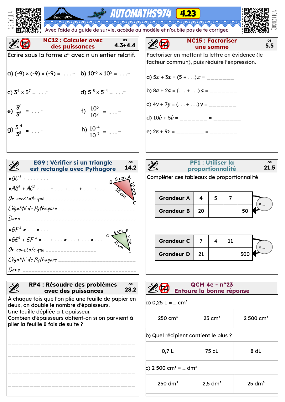 Fiche 4.23 – exercices de maths 4ème corrigés, semaine 23 : Factoriser une somme